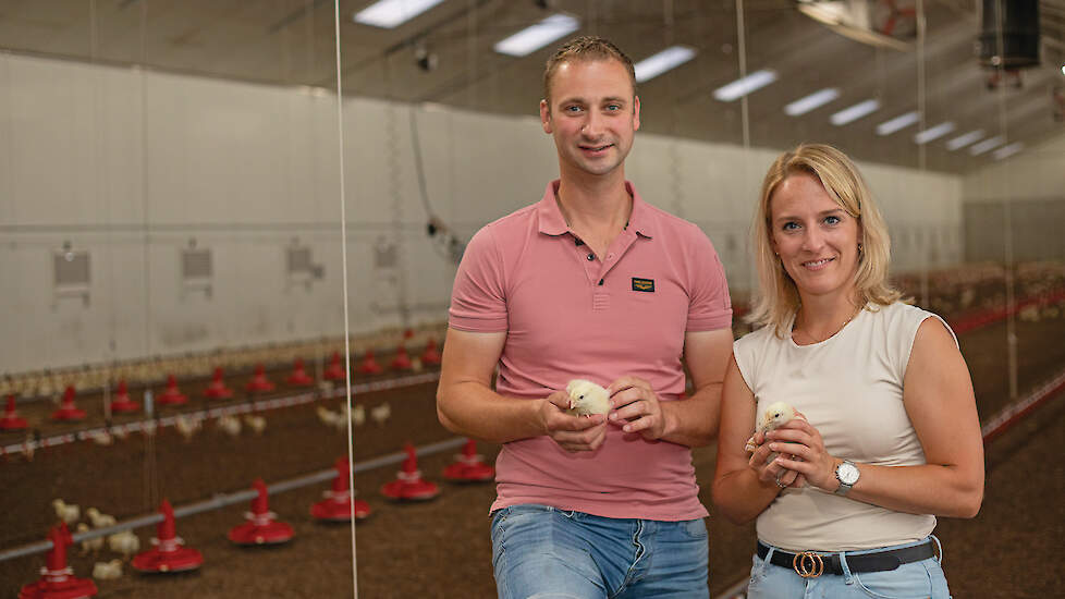 Rasondernemer Sander Saes bouwde in Weert twee nieuwe 1 ster Beter Leven-vleeskuikenstallen en groeit van 45.000 naar 85.000 vleeskuikens. Zijn vriendin Nicolle Boonen heeft een eigen communicatieadviesbureau en werkt buitenshuis.
