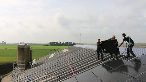 Zonnepanelen worden op het dak van een melkveebedrijf ge&iuml;nstalleerd.