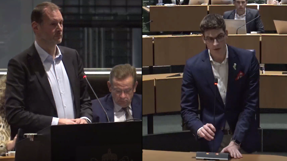 D66’er Matthijs van Miltenburg en BBB'er Marco Havermans met elkaar in debat op het provinciehuis in Den Bosch.