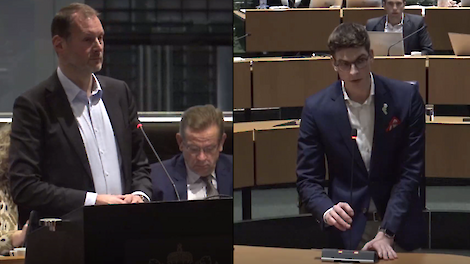 D66’er Matthijs van Miltenburg en BBB'er Marco Havermans met elkaar in debat op het provinciehuis in Den Bosch.