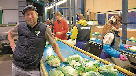 Dorus Droog naast een transportband met kroppen sla