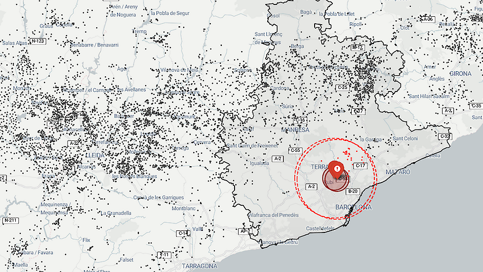 De met AVP besmette regio in Cataloni&euml;.