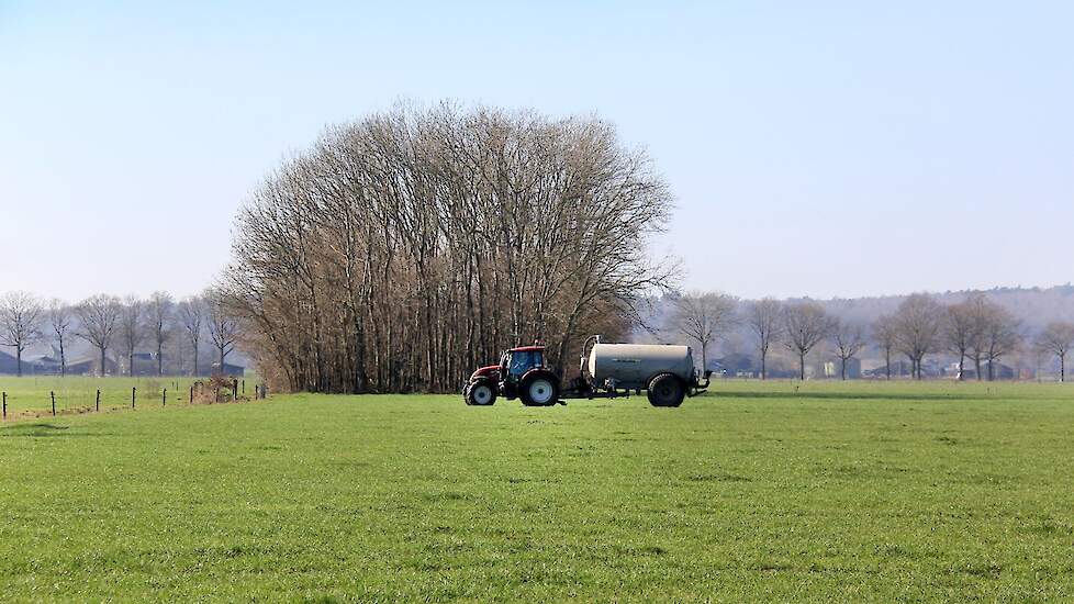 Een melkveehouder rijdt bovengrond mest uit.
