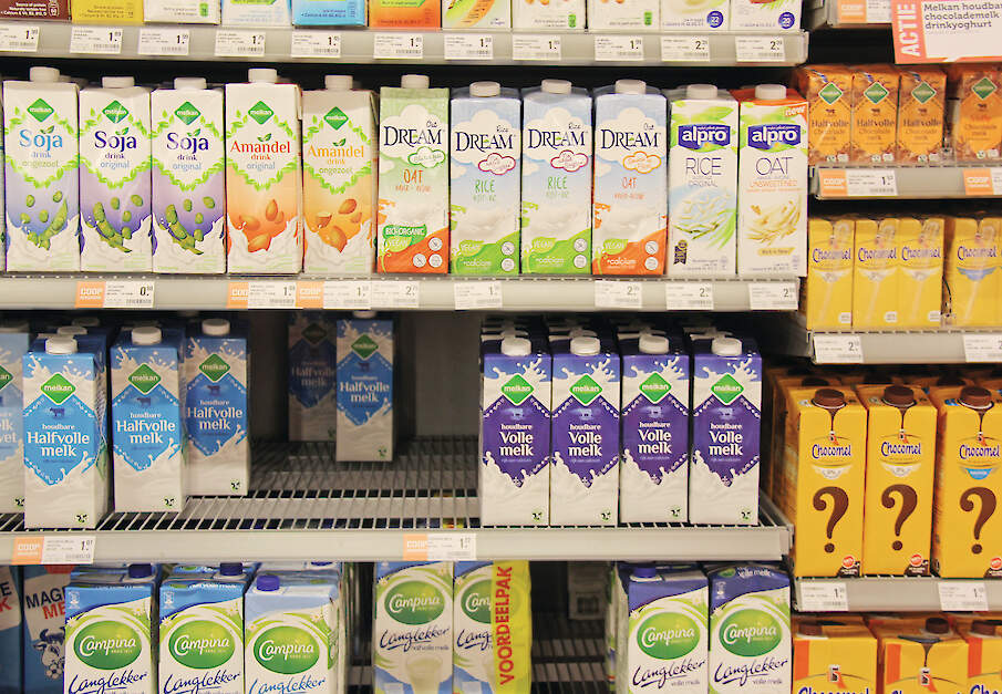 Plantaardige melkvervangers in het supermarktschap