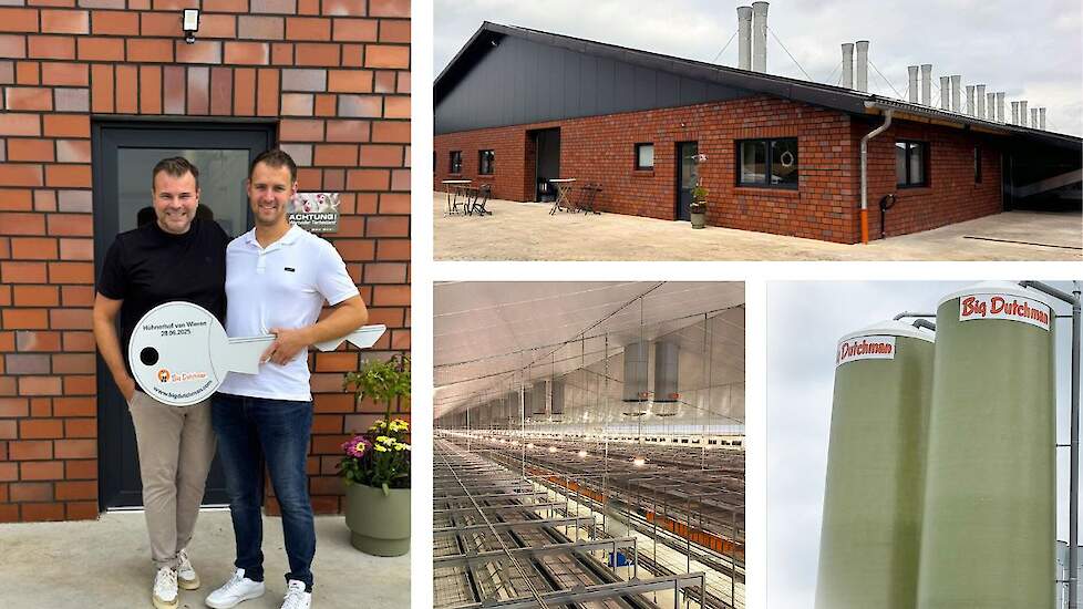 Christian Apeler (links, Big Dutchman) overhandigt de symbolische sleutel aan Lennart van Wieren bij de offici&euml;le opening van de nieuwe leghennenstal.