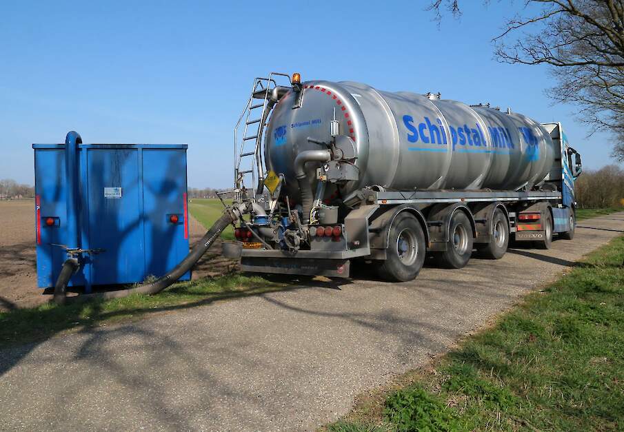 Vrachtwagen lost mest in container bij akker.