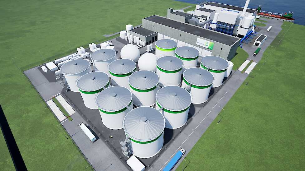 BMC van de toekomst. Linksvoor de biogasinstallatie met vergistingstanks. De tanks zonder groene rand zijn voor de tussenopslag van digestaat. De omschakeling van groene stroom naar groen gas is niet alleen een slimme economische keuze, maar vooral ook ee