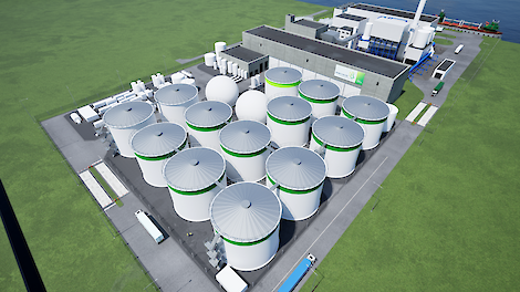 BMC van de toekomst. Linksvoor de biogasinstallatie met vergistingstanks. De tanks zonder groene rand zijn voor de tussenopslag van digestaat. De omschakeling van groene stroom naar groen gas is niet alleen een slimme economische keuze, maar vooral ook ee