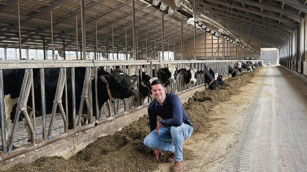 Jan Zeinstra in de melkveestal. Vroeger werd er alleen gras gevoerd. Inmiddels verbouwt hij weer mais en bestaat het rantsoen uit 40 procent snijmais.