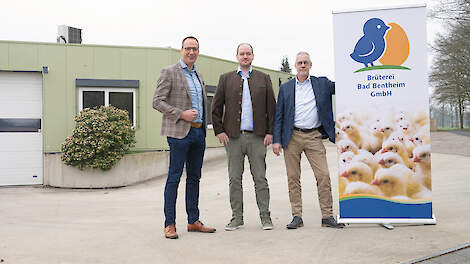 V.l.n.r.: Erwout van Wolfswinkel, locatiemanager Hubertus Schulze-Heiling en Jan Vroegindeweij. &bdquo;De broederij exploiteren we samen, maar de verkoop van kuikens en opfokhennen doen we in eigen beheer", aldus Vroegindeweij.