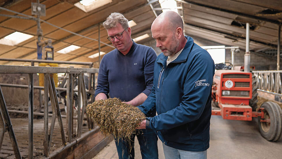 Gert Dinkelman en voeradviseur Stuart Knowles beoordelen samen het droogstandsrantsoen.