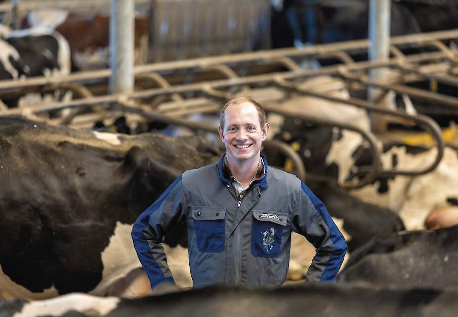 Wytze Kinderman tussen zijn melkkoeien