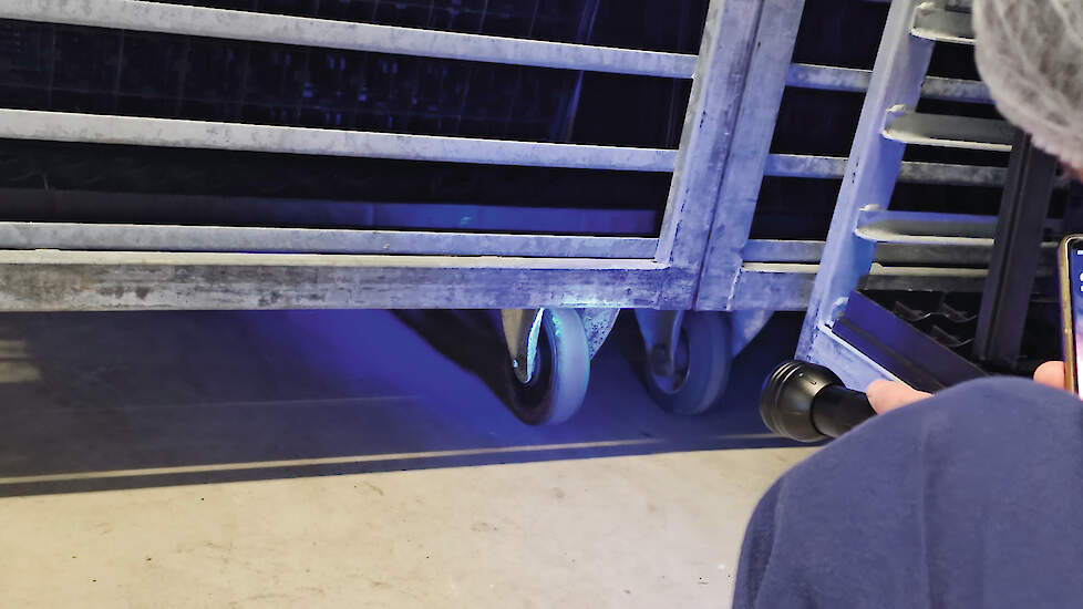 Fluorescerend materiaal op een wiel van een kar voor eieren maakt zichtbaar hoe vervuiling via wielen het bedrijf in kan worden gereden.