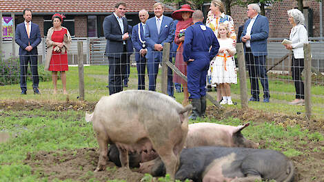 Na een rondleiding door de abdij bezocht het Koningspaar de kloosterboerderij waar al meer dan honderd jaar scharrelvarkens gehouden.
