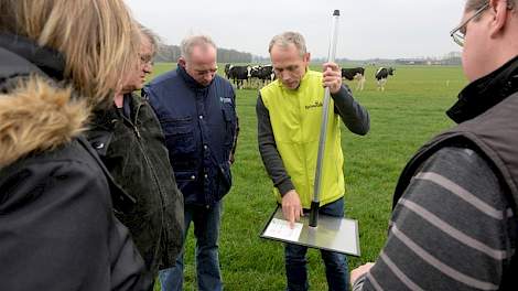 Samen met de deelnemende veehouders kijkt Willem van Laarhoven (tweede van links) hoe weidecoach Henk Antonissen de grashoogtemeter demonstreert.