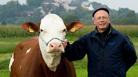 Bayern Genetik-vertegenwoordiger Stef Beunk met een Fleckvieh-koe in Zuid-Duitsland.