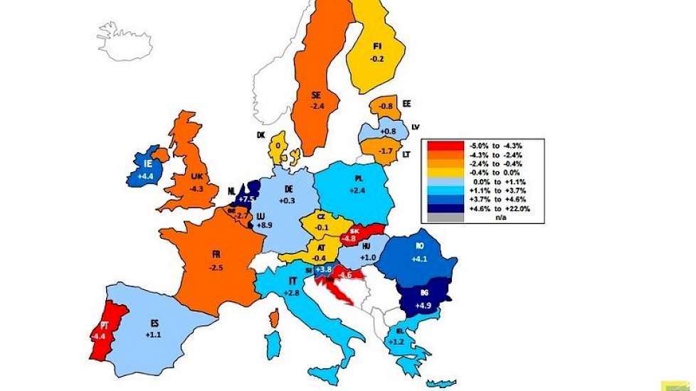 Relatieve melkproductie EU-landen 2016 t.o.v. 2015