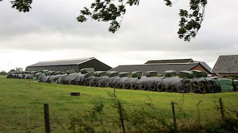 Donkere wolken pakken zich samen boven de melkveehouderij.